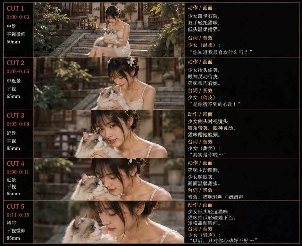 （18909期）美女和猫故事提示词，人物一致性提示词+故事板